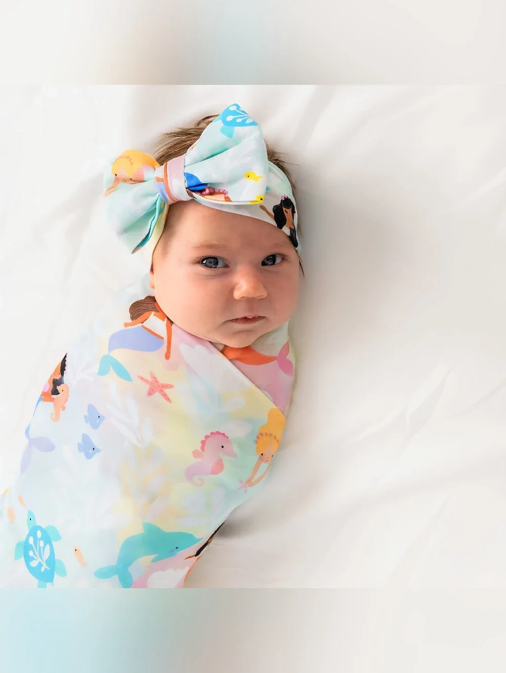 NIB Little Sleepies Mystic Mermaids Swaddle & Luxe Bow Headband Set- Bamboo